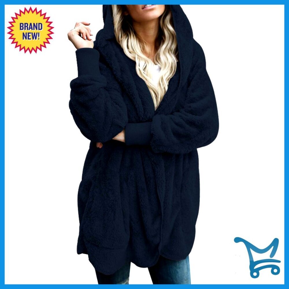 Oversized Sherpa Fleece Open Front Hooded Cardigan Jacket with Pockets